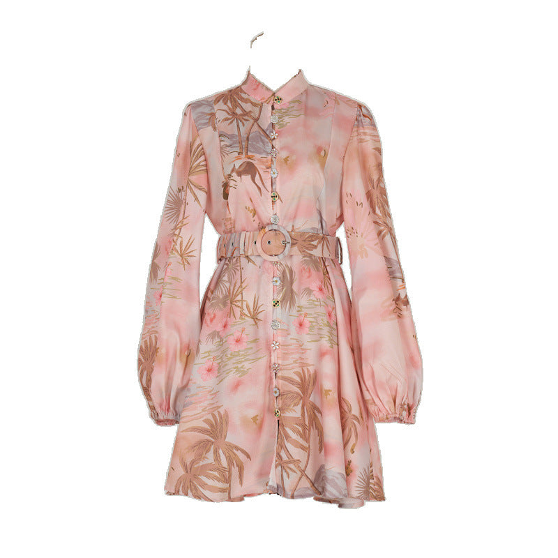 Design High Version Single-breasted Stand-up Collar Puff Sleeve Dresses