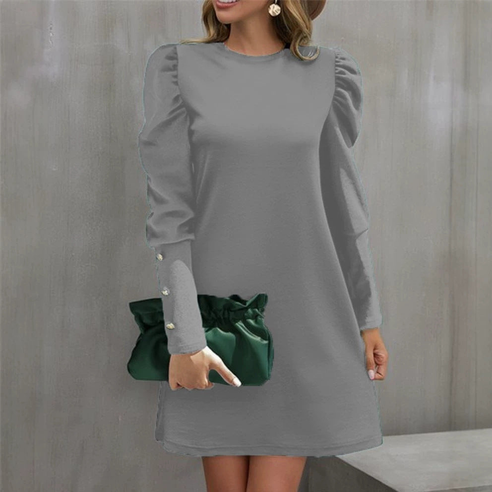 Women's Solid Color Round Neck Slim Bubble Dress