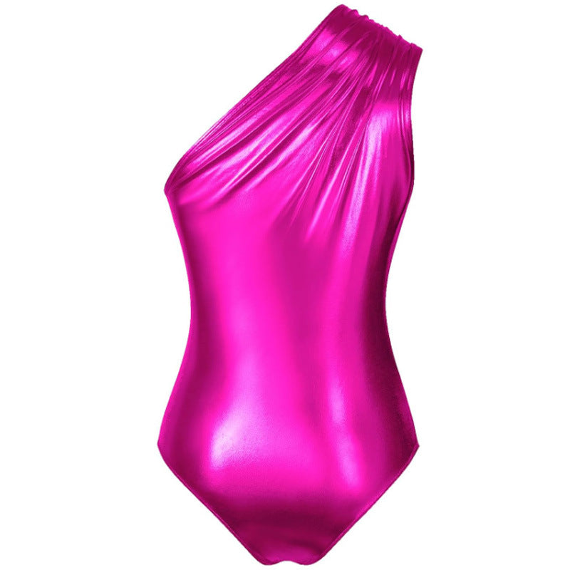 Women's Slant Shoulder Hot Vintage Metallic Glossy Nightclub Sexy Jumpsuits
