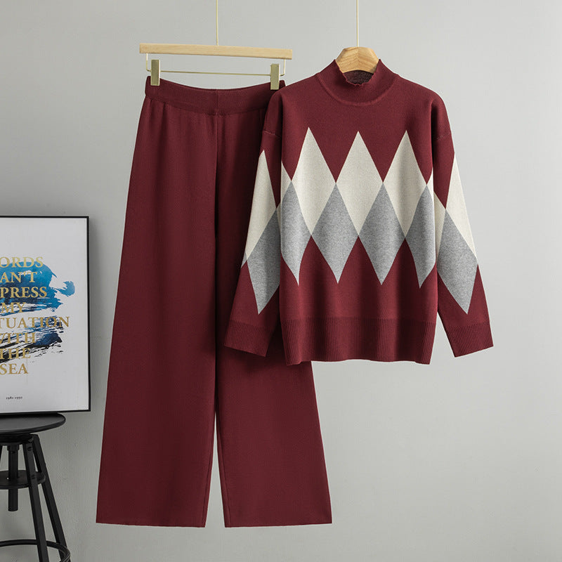 Women's Rhombus Mock Neck Idle Style Two-piece Fashion Casual Suit
