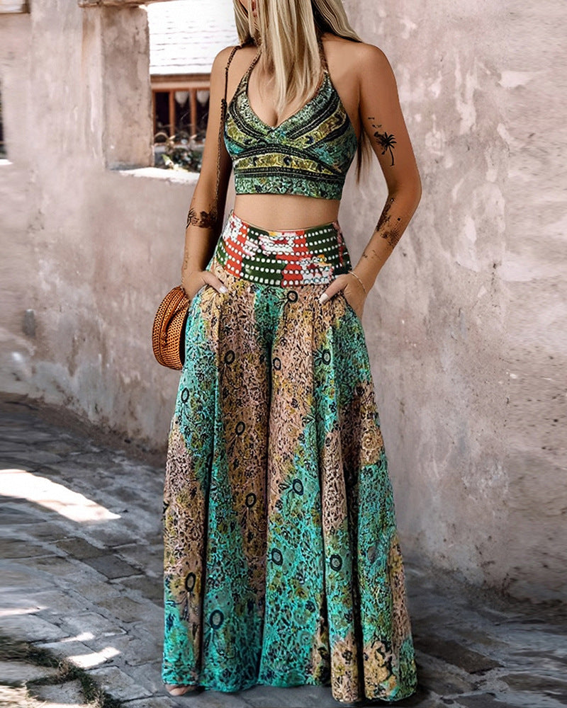 Set Waist Color Contrast Patchwork A- Line Pants