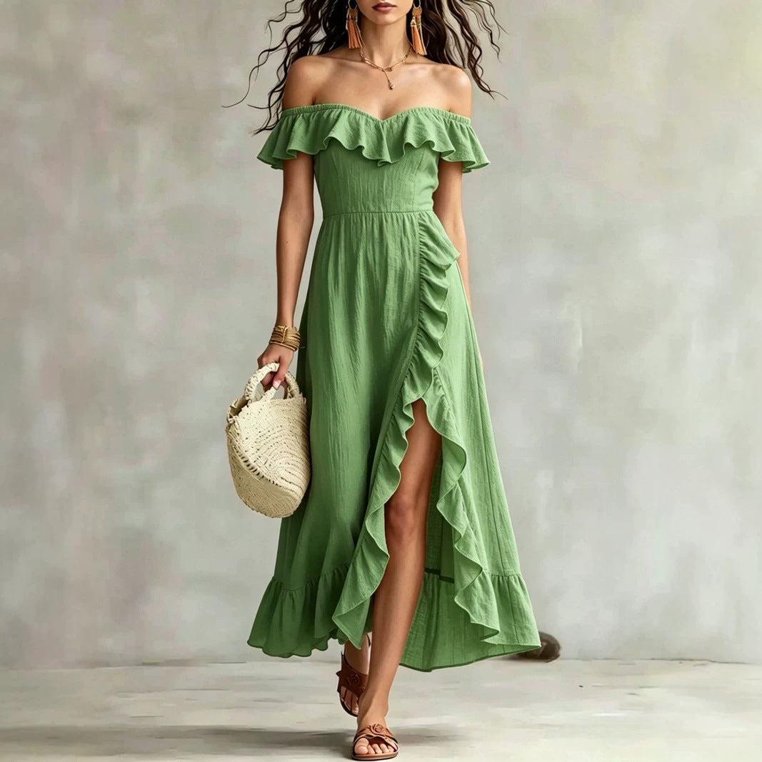 Women's Summer Collar Sleeveless Pink Ruffled Split Dress