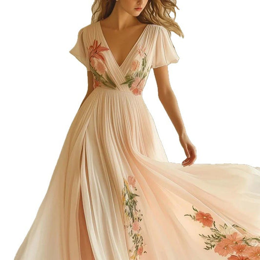 Women's Collar Sleeve Digital Printing Positioning Dress Skirts
