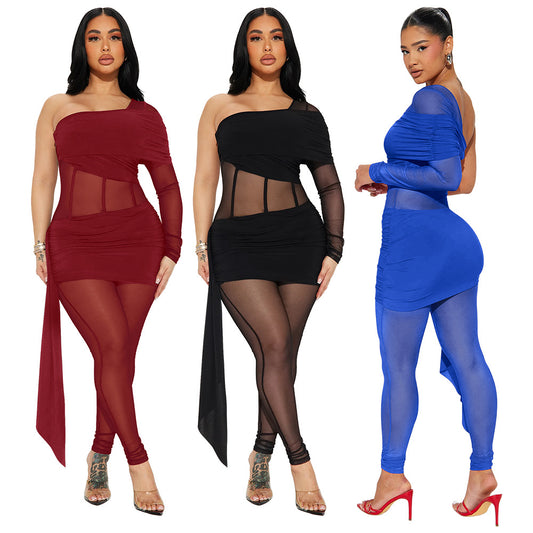 Sexy Solid Color Waist Tight Shoulder Jumpsuits