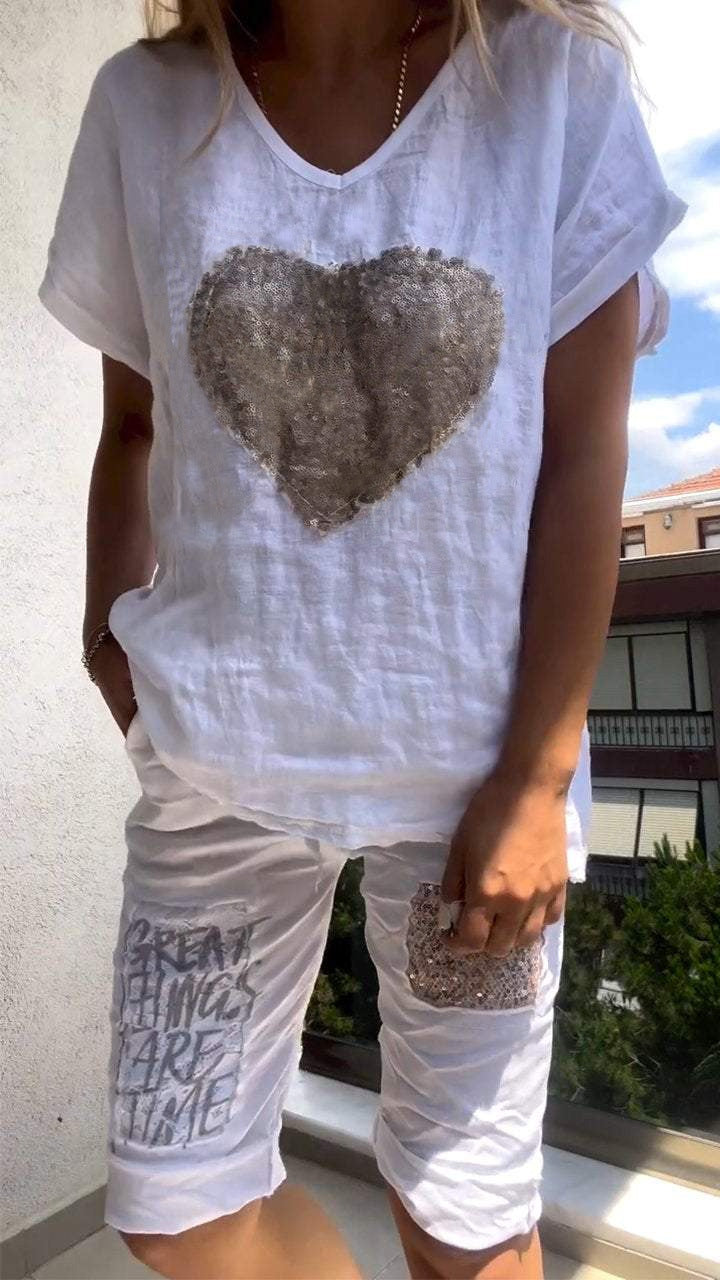 Women's Cotton Linen Loose Wear Heart-shaped Sequined Fashion Casual Suit