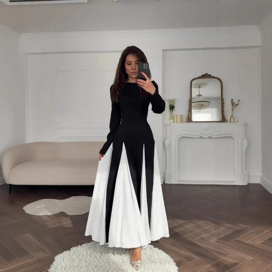 Women's Contrast Color Long Sleeve High Waist Dresses