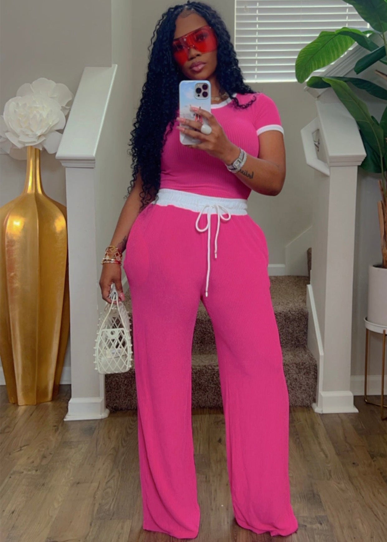 Women's Casual Daily Rib Contrast Color Round Neck Suits