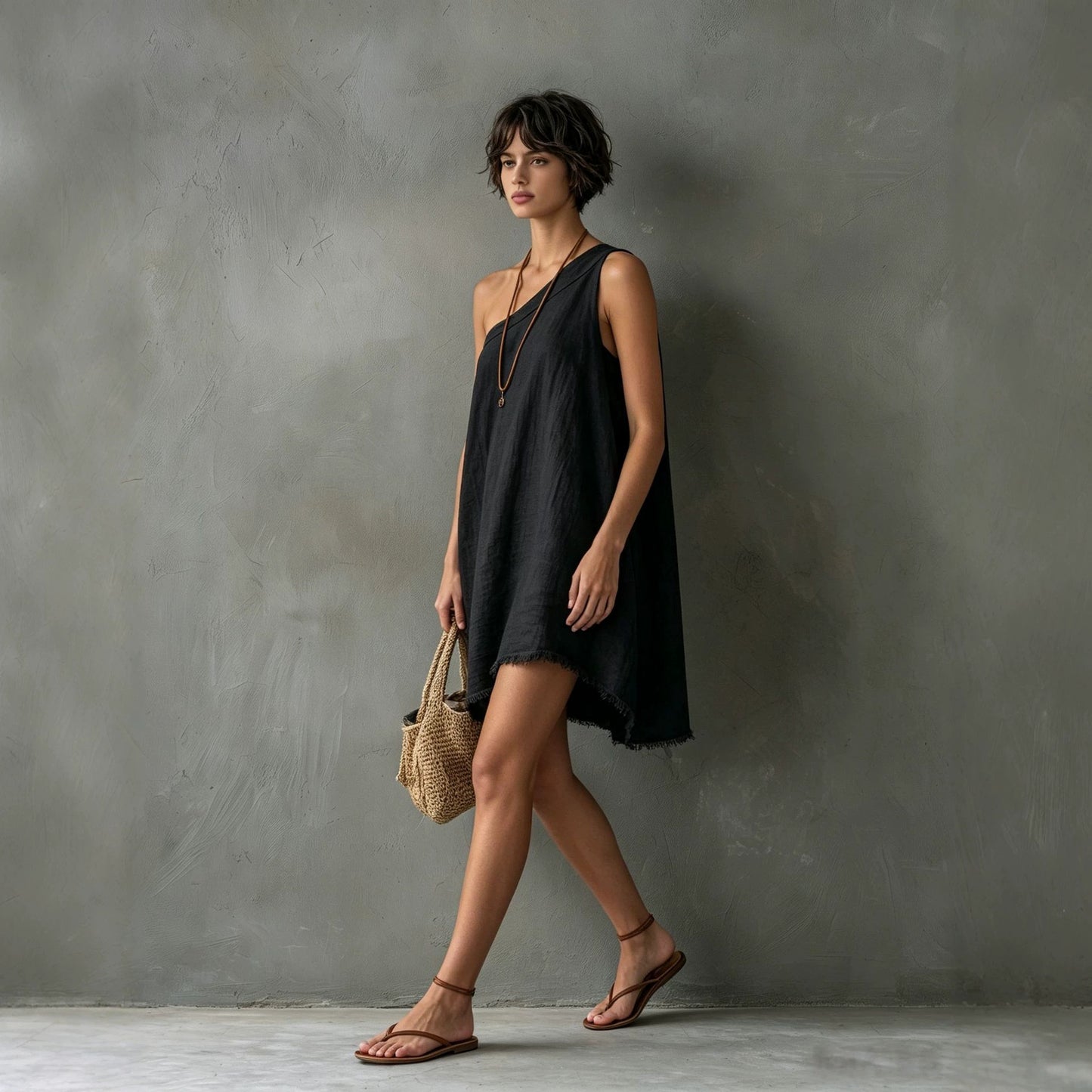 Women's Minimalist Linen Blend Shoulder Sleeveless Frayed Dress