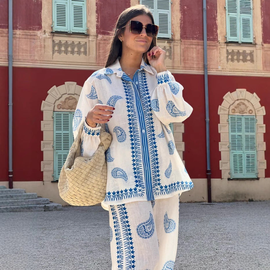Personalized Printed Macaron Long Linen Sleeves Shirt Fashion Casual Suit