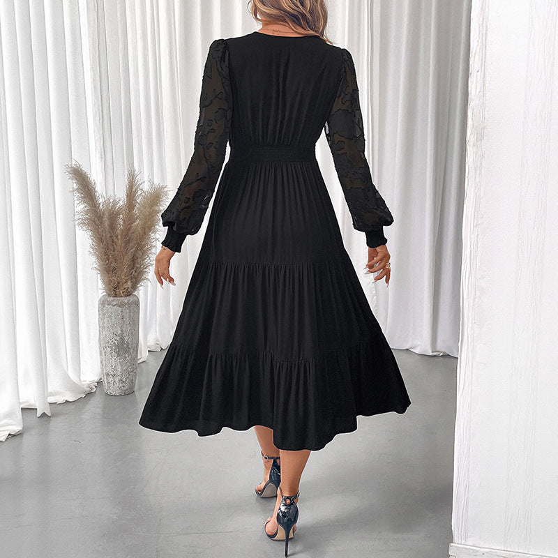 Women's Waist Lace Long Sleeve Solid Color Dresses