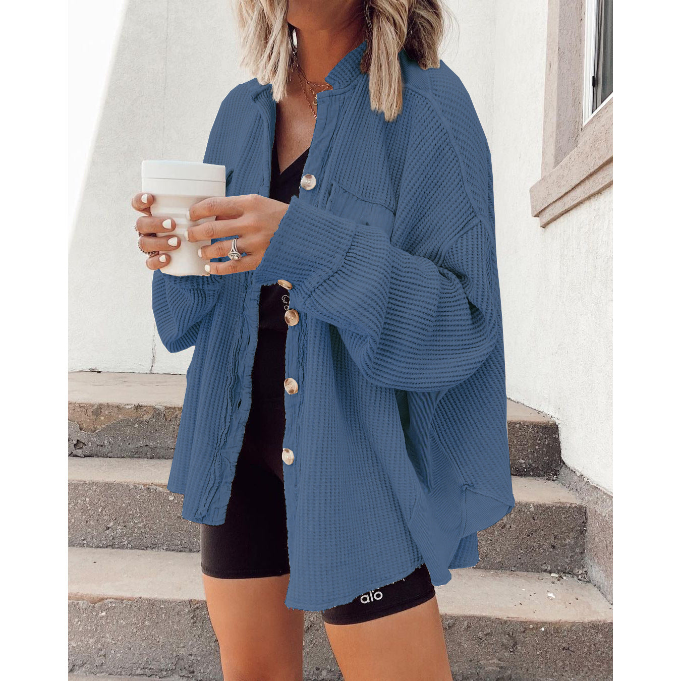 Loose Waffle Casual Shirt Stitching Fashion Blouses