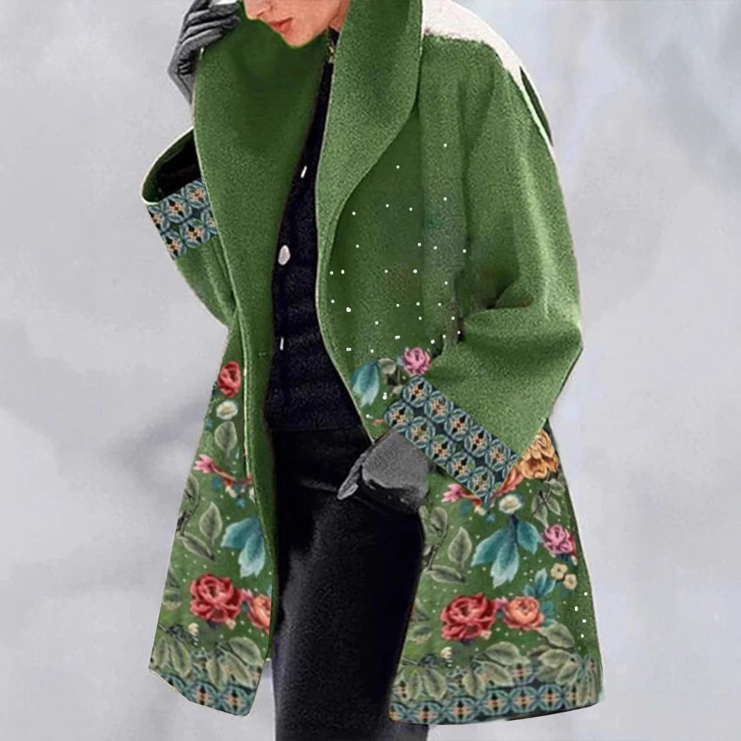 Woolen Green Collar Temperament College Printing Coats