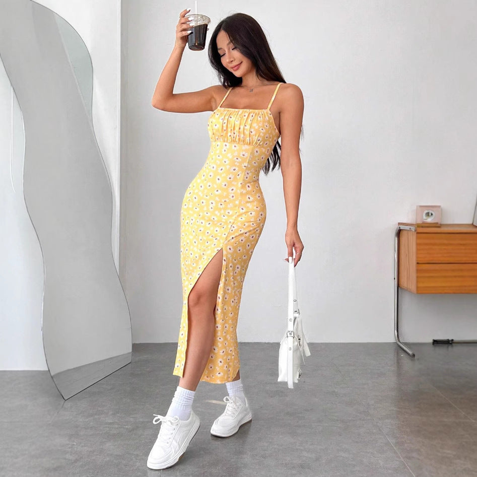 Autumn Spaghetti Straps Chest Wrap High Slit Little Daisy Leopard Dress
