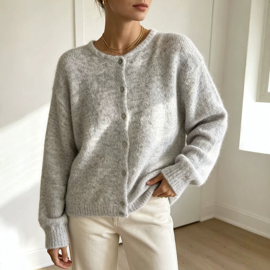 Women's Single-breasted Round Neck Soft Solid Color Furry Women's Sweater