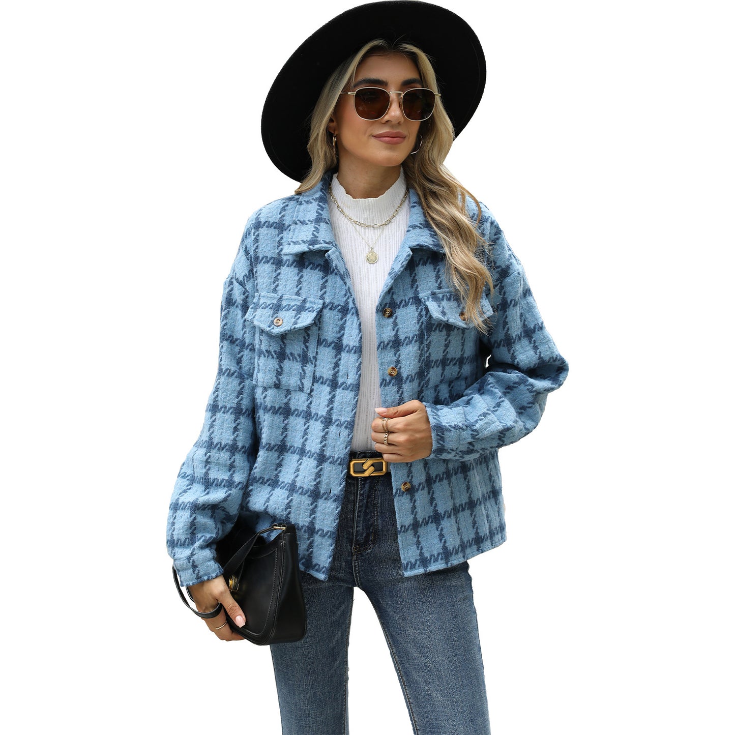 Women's Lapel Plaid Long Sleeve Loose Woolen Coats