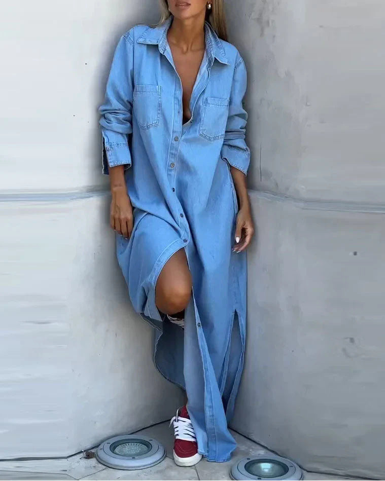 Women's Spring Lapel Long Sleeve Denim Wear Dresses