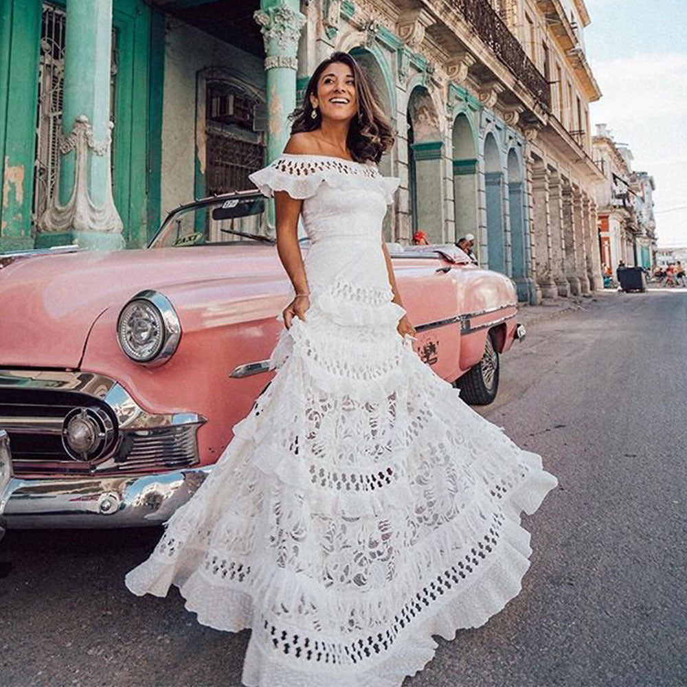 Women's Ruffled Hollow White Wide Hem Lace Dresses