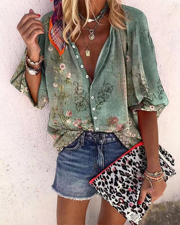 Women's Fashion Summer Stand Collar Loose Button Retro Blouses