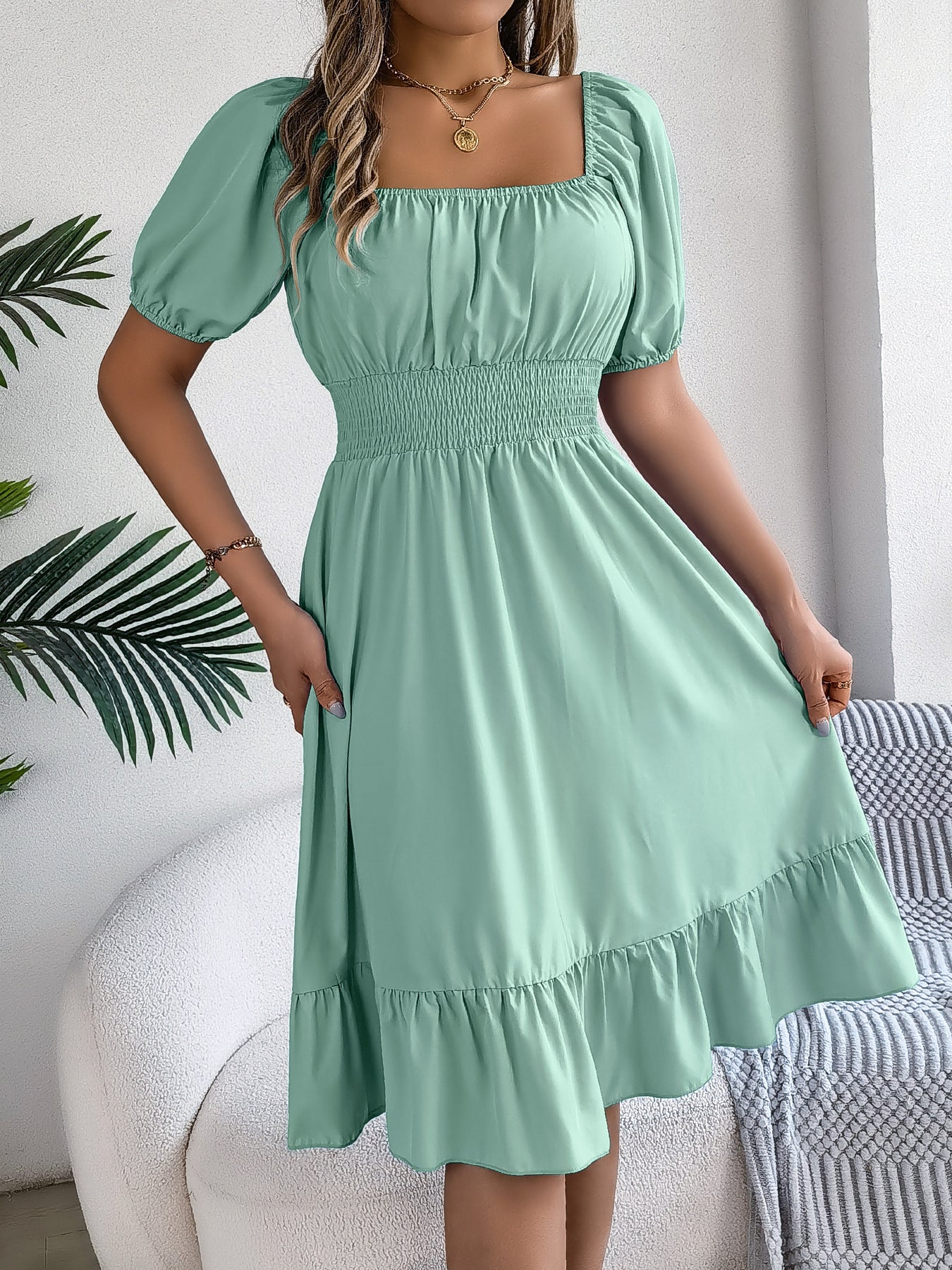 Women's Casual Square Collar Sleeve Waist Trimming Ruffles A- Dress