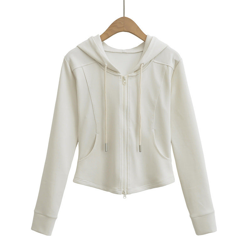 Autumn Fashion Simple Style Double Zipper Hooded Drawstring Tops