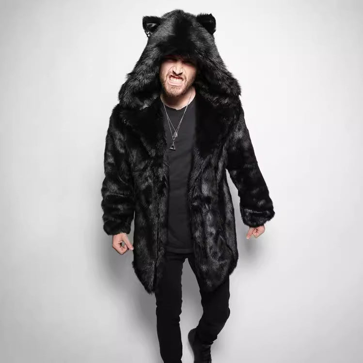 Men's Large Imitation Fur Mid-length Hooded Artificial Coats