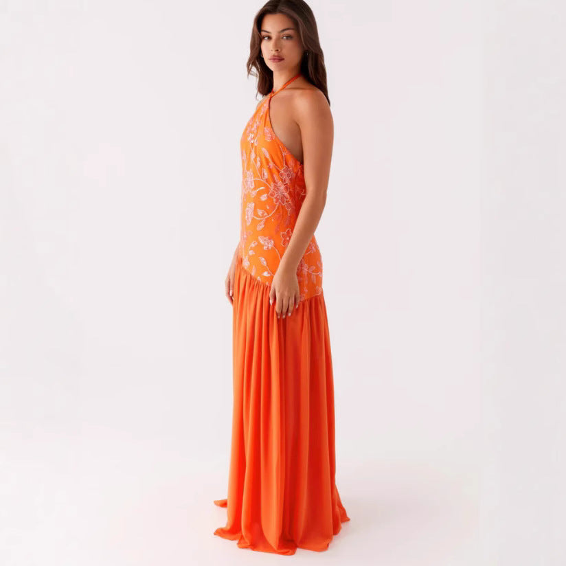 Women's Sequin Sequined Chiffon Stitching Halter Split Sexy Dresses