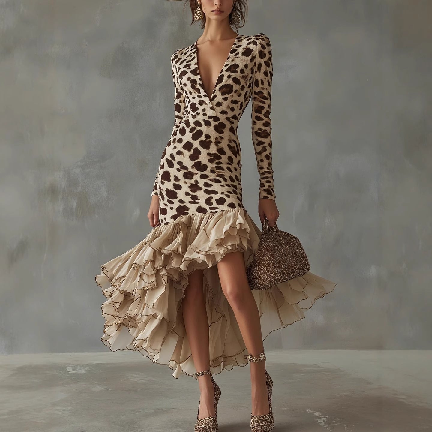 Women's Long-sleeved Digital Printing Stone Pattern Stitching Dresses