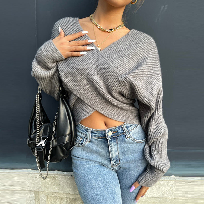 Solid Color Sexy Cross Cropped Long-sleeved Knitted Sweater
