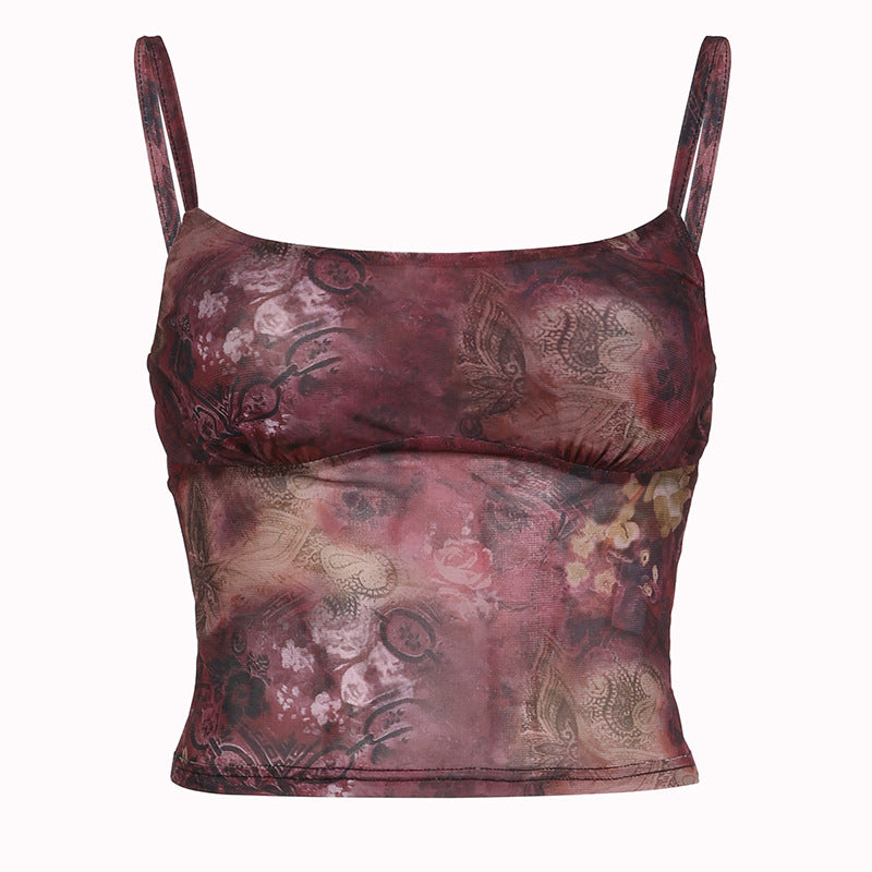 Retro Printed Mesh Hot Waist Trimming Tops
