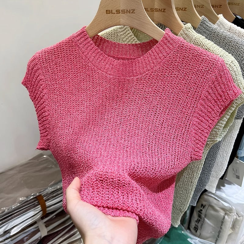 Women's European Goods Short-sleeved Summer Silk Ice Design Sleeveless Solid Women's Sweater