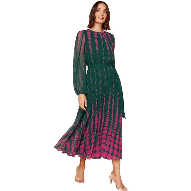 Women's Casual Long-sleeved Printed Pleated Fashion Large Dress
