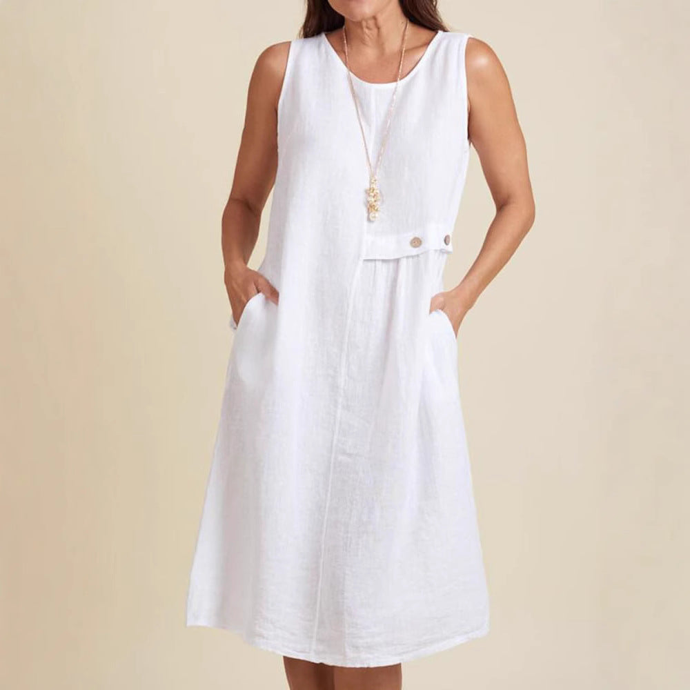 Women's Summer Button Pocket Sleeveless Round Neck Cotton Dress