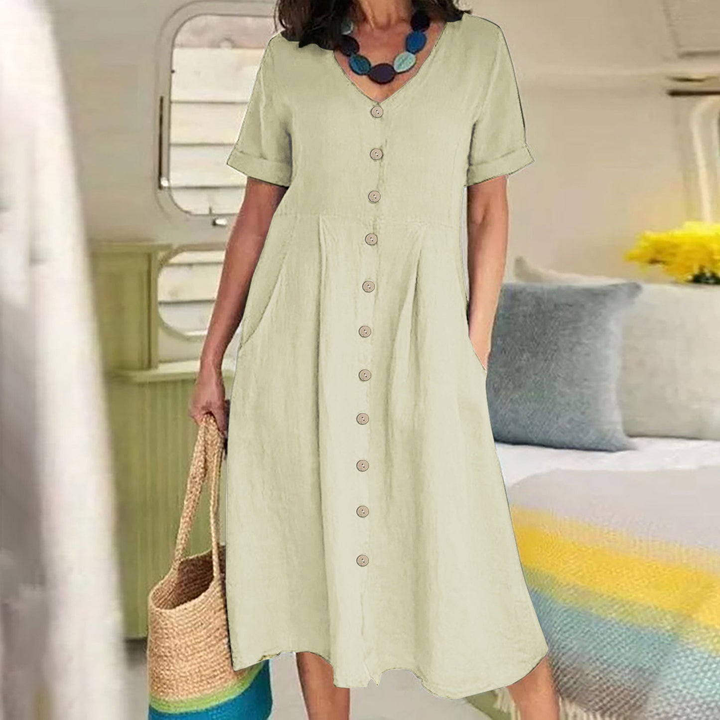Solid Color Loose High Waist Cotton Dress