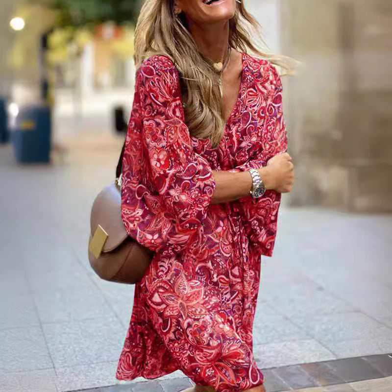 Summer Pullover Midi Dress Sleeve Printed Dresses