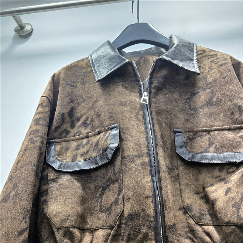 Women's Autumn Personality Leopard Splicing Leather Temperament Coats
