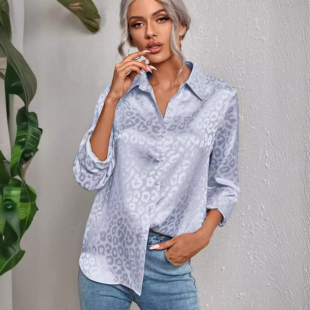 Women's Lapel Open Button Leopard Jacquard Shirt Temperament Blouses