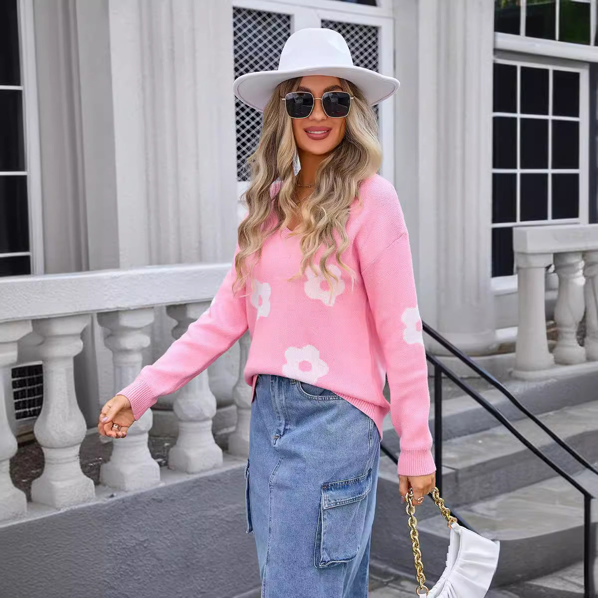 Classy Fashion Large Long Sleeve Flower Sweater