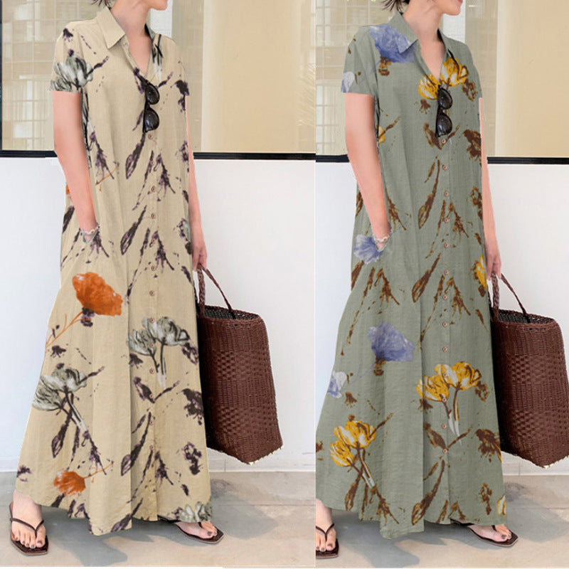 Cotton Linen Solid Color Polo Collar Dresses