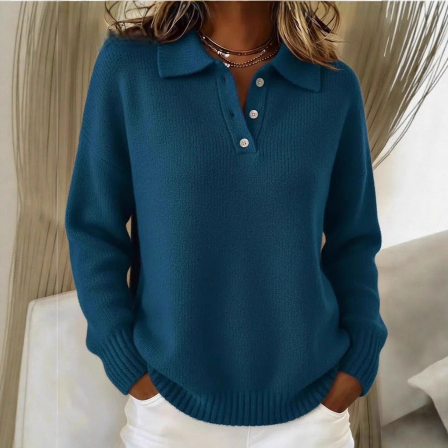 Women's Loose Lazy Style Soft Glutinous Polo For Long Sleeve Button Sweater