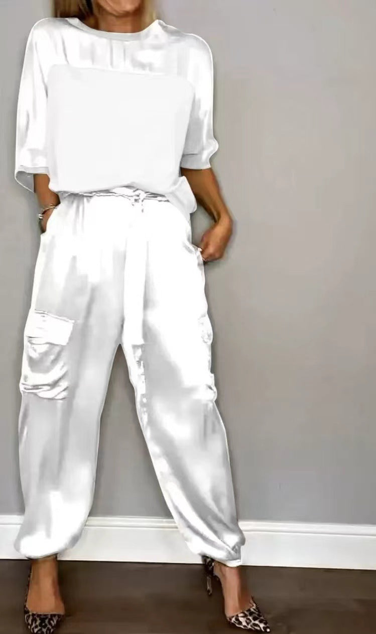 Women's Solid Color Smooth Satin Half Sleeve Shirt Two-piece Fashion Casual Suit