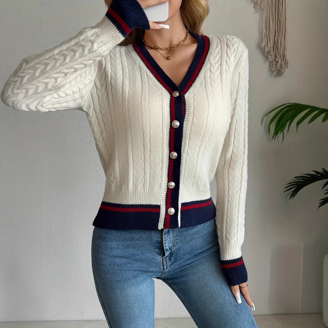 Women's Contrast Color Preppy Style Button Knitted Women's Sweater