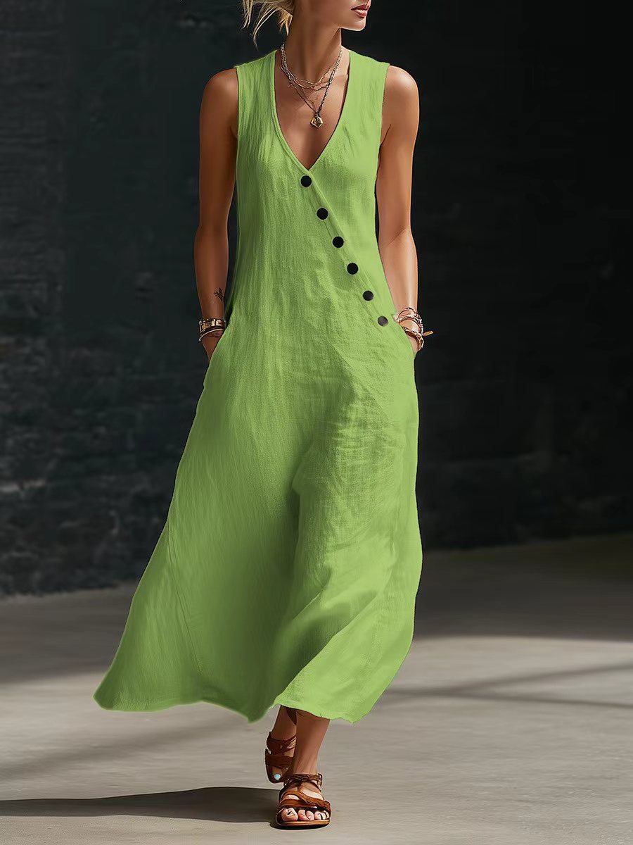 Idle Style Double-breasted Cotton Linen Sleeveless Dress