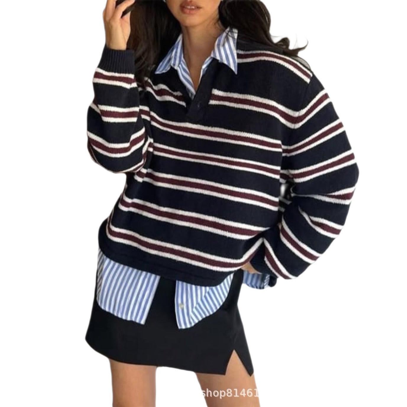 Women's Vintage Stripe Collar Loose Idle Henry Sweater