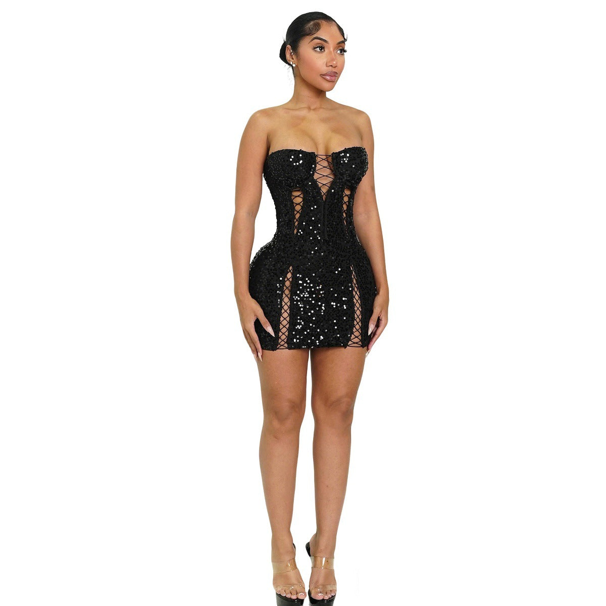 Stretch Hollow Out Strap Tube Package Hip Sequined Dress
