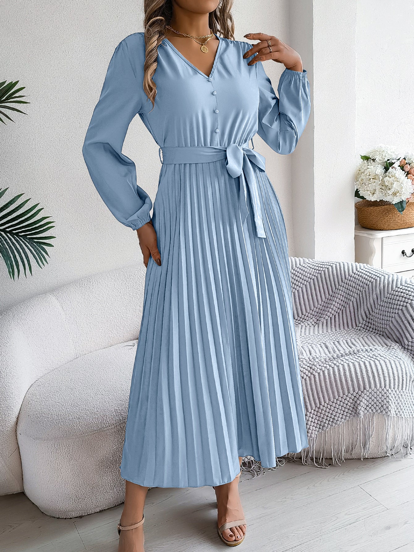 Women's Elegant Button Large Hem Pleated Maxi Clothing