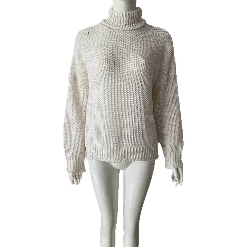 Women's Knitted Solid Color High Collar Loose Long Women's Sweater