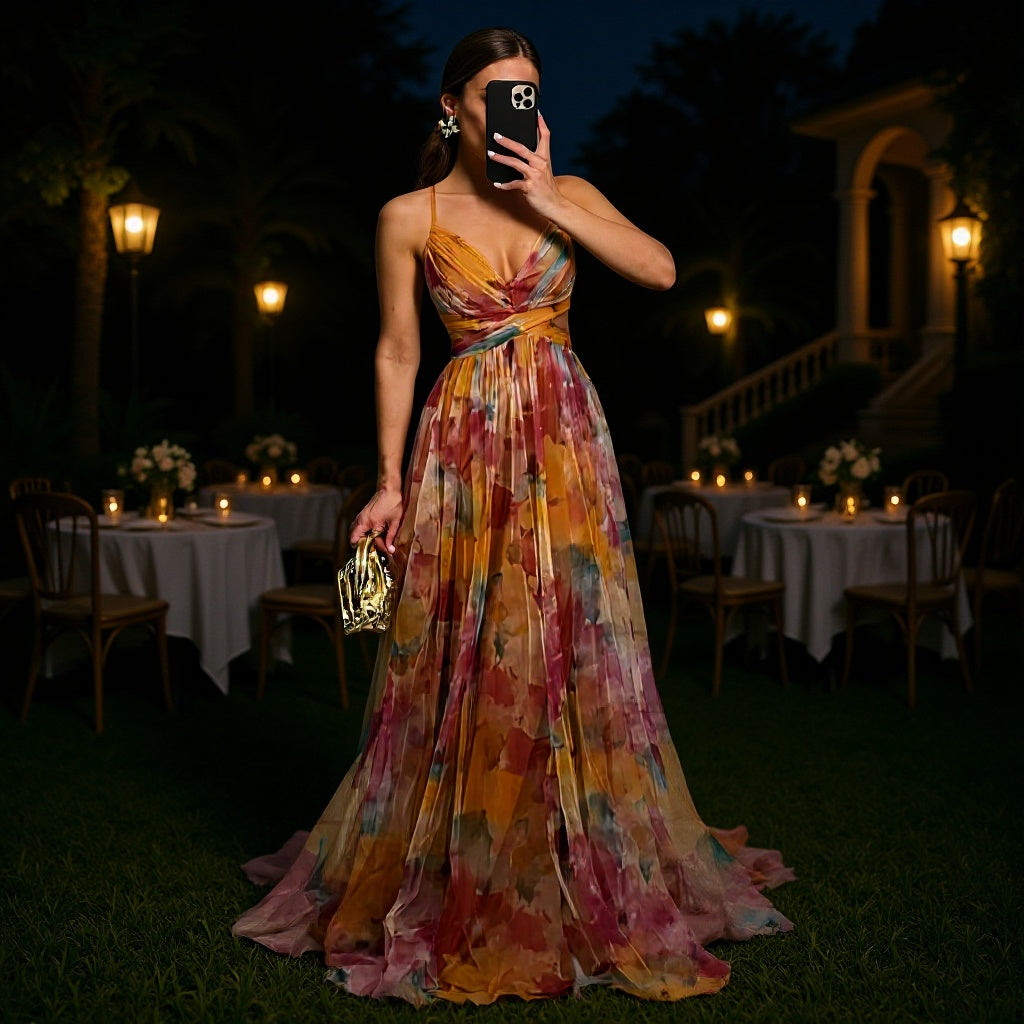 Mesh Printing Slip Holiday Leisure Party Dress