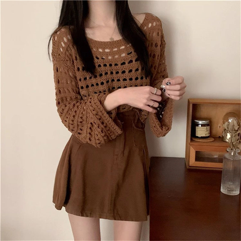 Women's Bell Sleeve Air Conditioning Shirt Hollow Thin Breathable Mesh Knitted Blouses