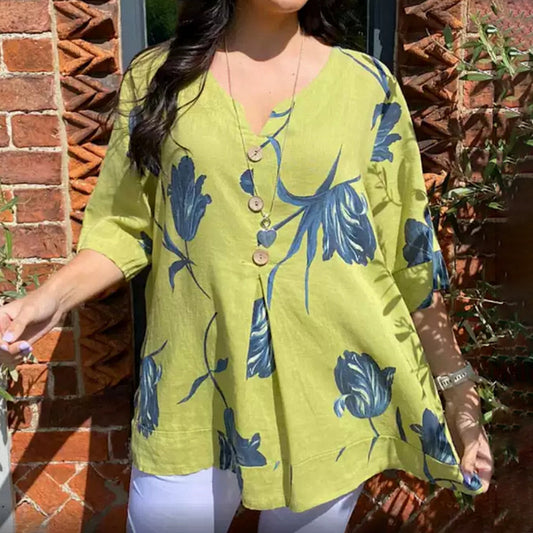 Women's Printed Cotton Linen Short-sleeved Pullover Shirt Blouses