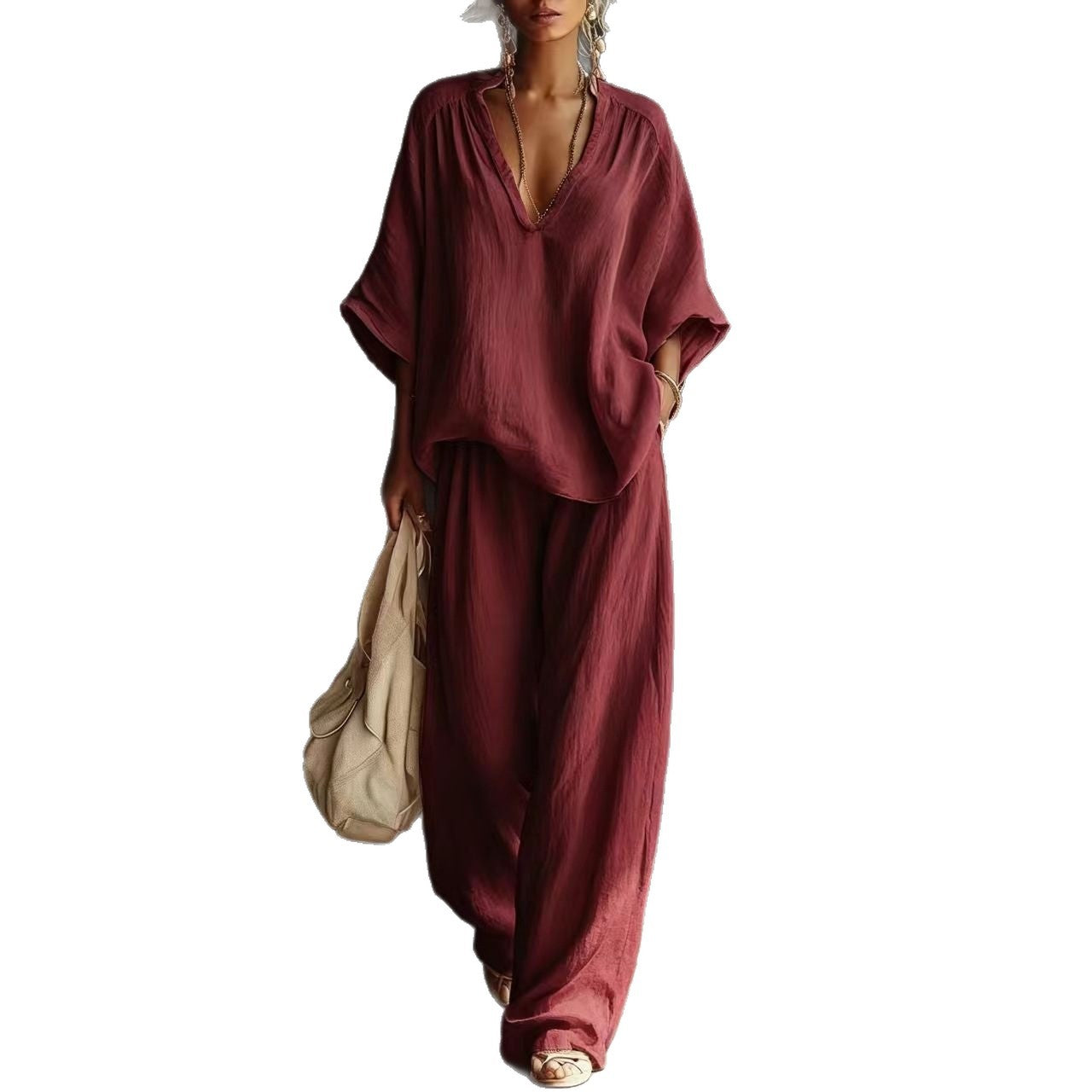 Women's Solid Color Loose Short-sleeved Trousers Two-piece Fashion Casual Suit